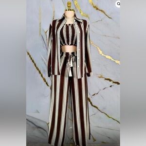 Striped Brown Wide-Leg Pants & Crop Top Set